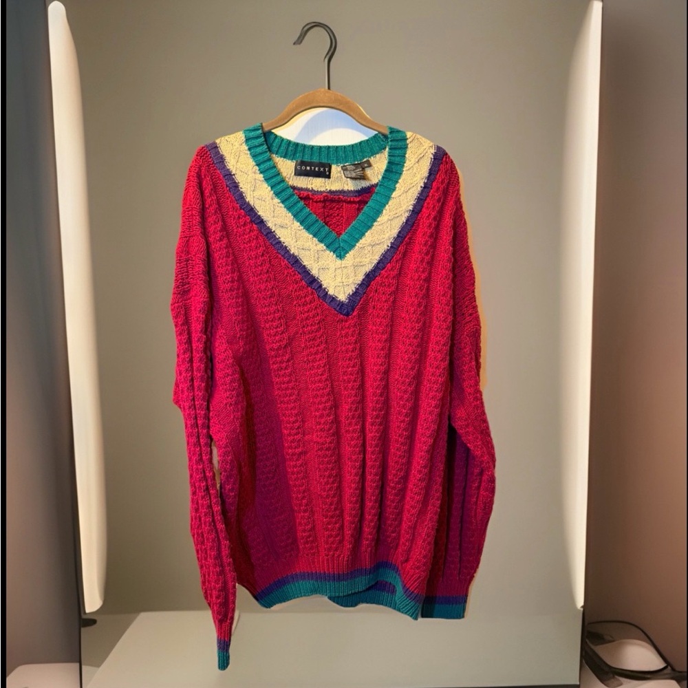 Women’s Vtg 80’s Preppy Retro Academia Old Money Context V-neck Sweater Sz XL